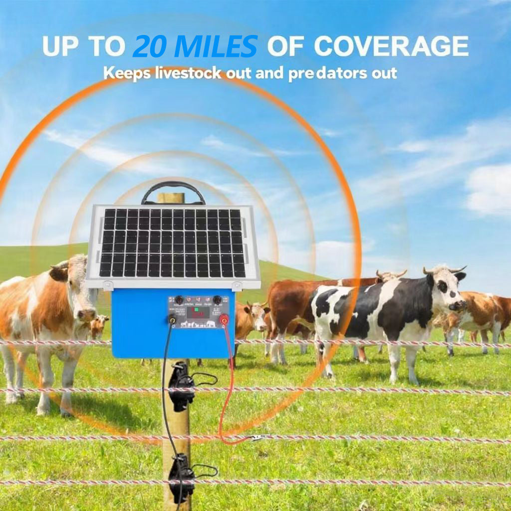 20 Miles Solar Electric Fence Charger, 0.5J Energizer Controller for Livestock without Battery